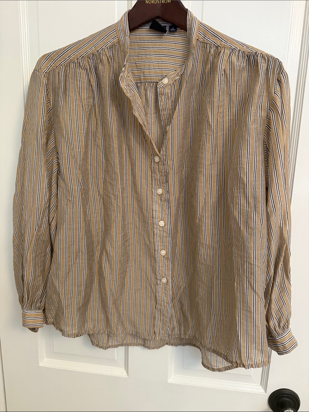 GAP Tan and White Striped Button-Front Blouse